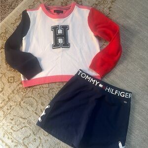 Tommy Hilfiger Red and Black Sleeve Sweater with Navy Skirt youth 7/8/10